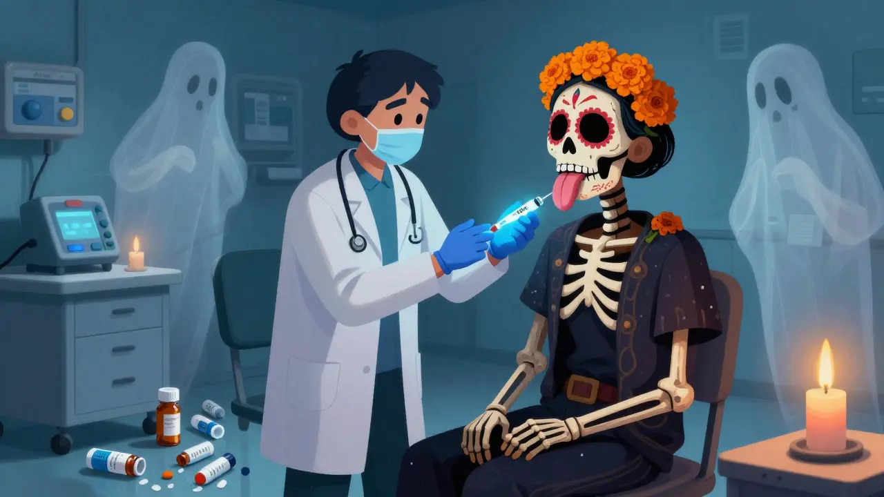 Emergency room scene with doctor giving injection as swelling takes skeletal form, discarded meds on floor.