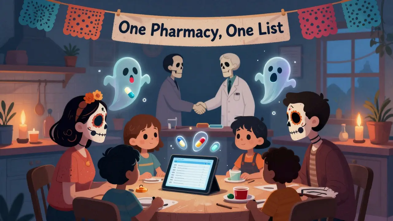 Family reviewing a digital medication list as ghostly pills float above them, skeletal doctor and pharmacist shaking hands under a banner of papel picado.