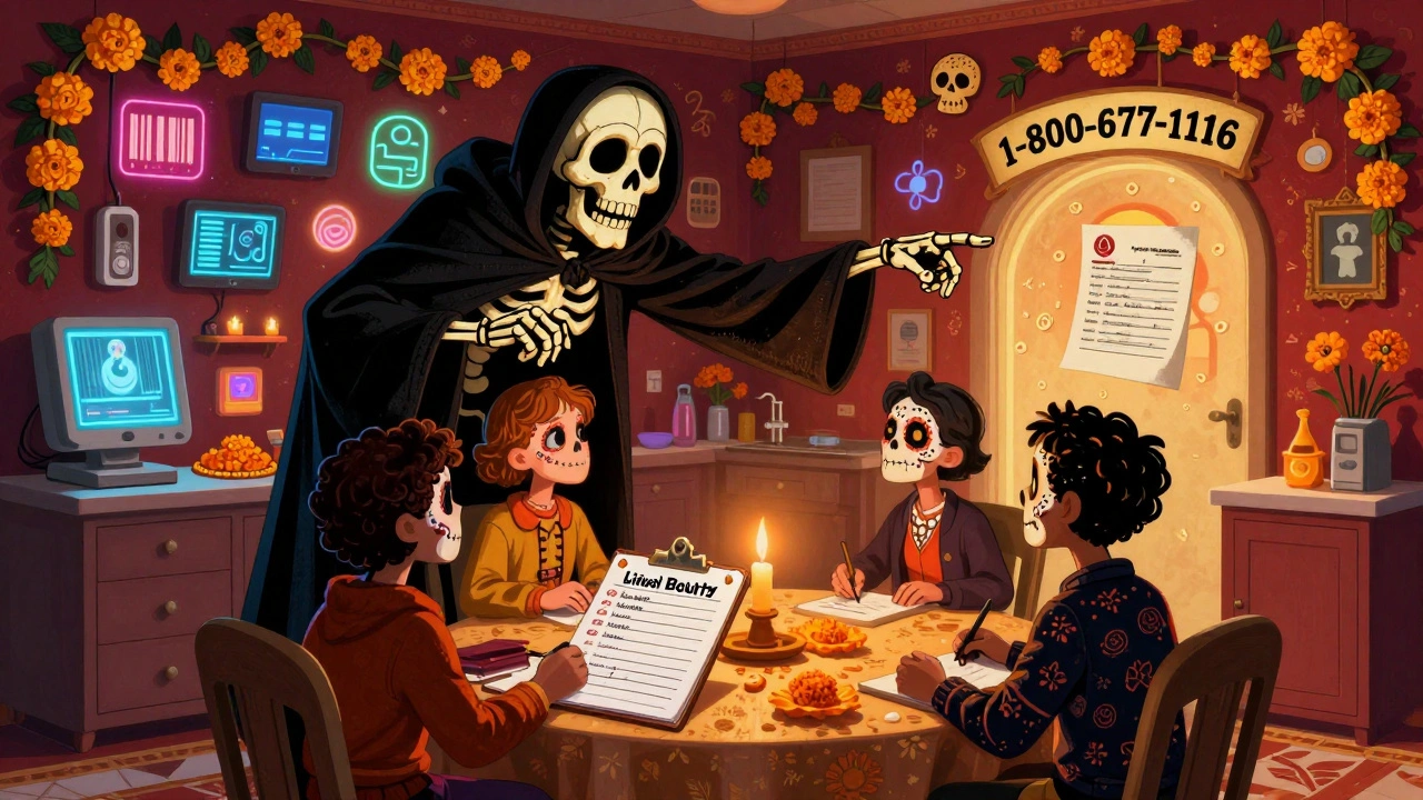 Family reviewing medication list at a table as a skeletal ombudsman points to a glowing hotline portal, surrounded by Day of the Dead motifs and medical tech.