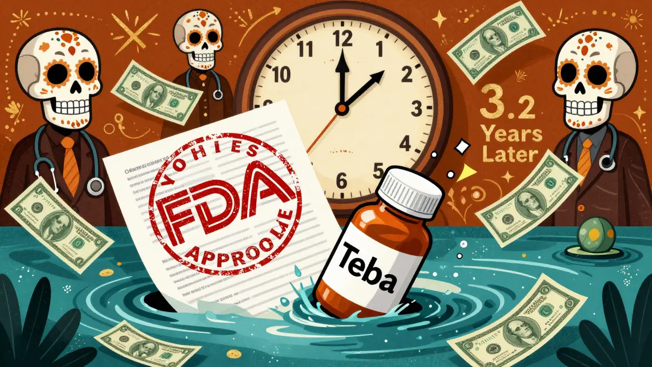 FDA approval stamp sinking in legal documents while a generic bottle climbs out, surrounded by dollar bills with CEO skulls.