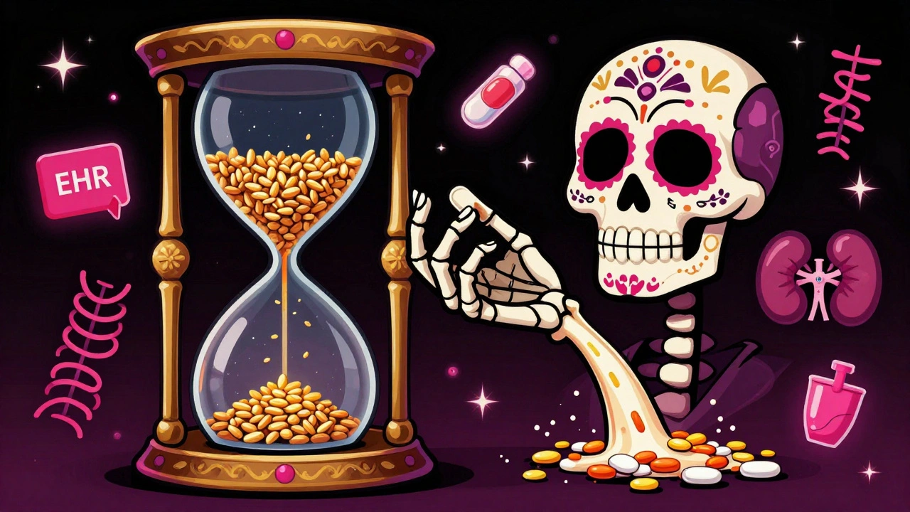 Giant hourglass blocked by clarithromycin, azithromycin flowing free, surrounded by medical icons in Day of the Dead art style.