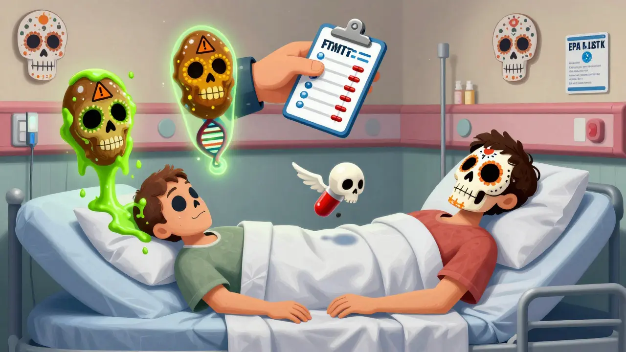 Hospital scene with animated stool samples shaped like skulls, DNA helix glowing, FMT capsule flying toward patient, calavera-decorated walls.