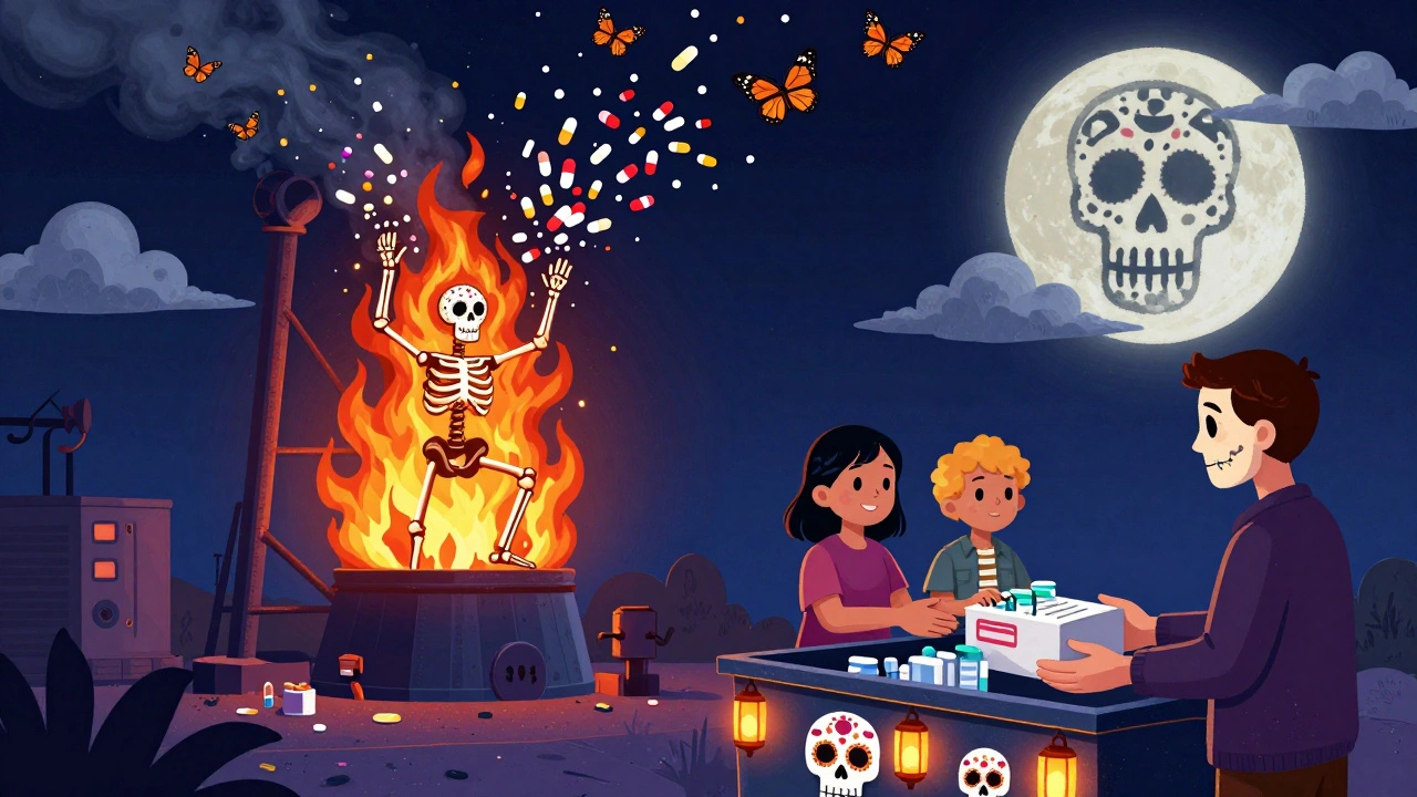 Incinerator flames shaped like skeletons as pill butterflies rise, family dropping off meds at a decorated bin.