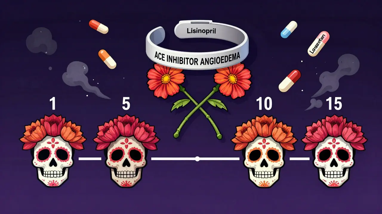 Medical alert bracelet above cane flowers, timeline of years blooms into skeletal faces, crumbling pills around.