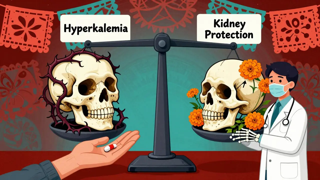 Medical scale balanced between hyperkalemia and kidney protection, with flowers and pills on the winning side.