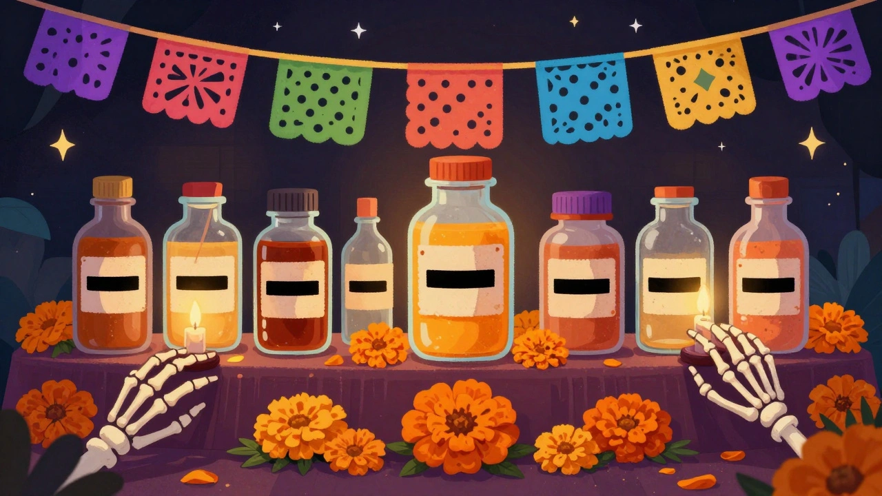 Medication bottles arranged on an altar with folded patches and sealed liquids, glowing under candlelight.
