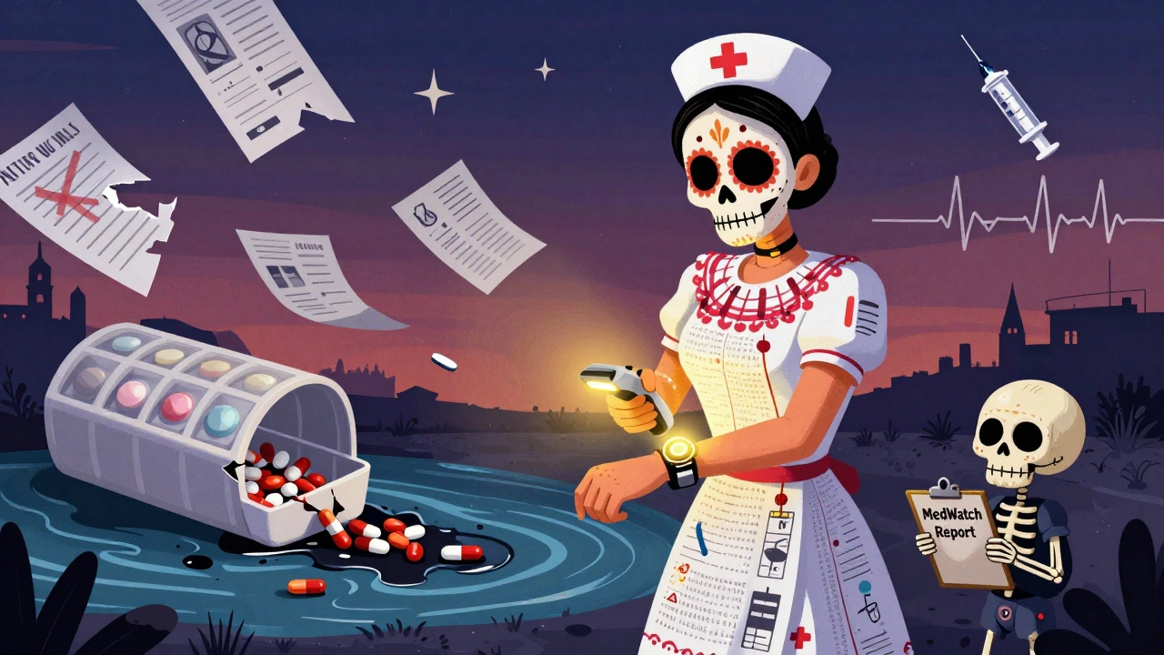 Nurse scanning a wristband with golden light, while chaotic paper charts float like papel picado and a child holds a MedWatch report.