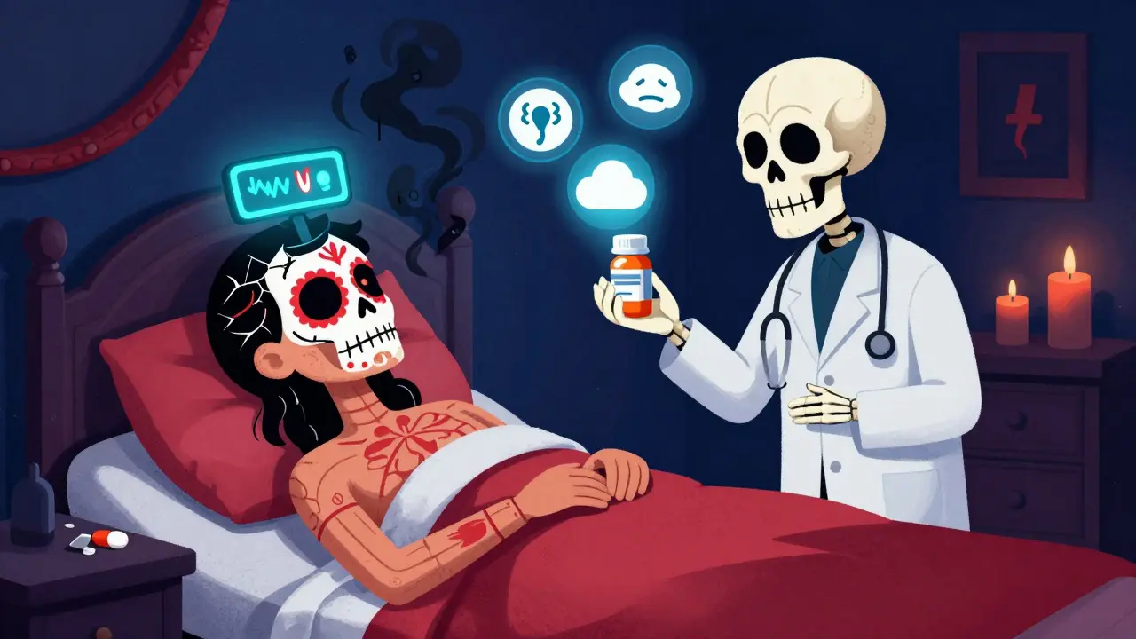 Patient in bed with flickering seizure meter, skeleton doctor offering brand pill, floating symptom icons in dark room.
