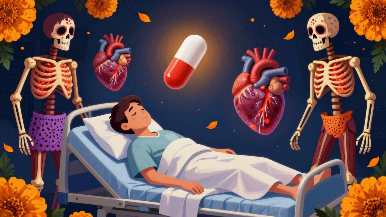 Patient in bed with skeletal organ figures made of papel picado, azithromycin pill glowing above in candlelit darkness.