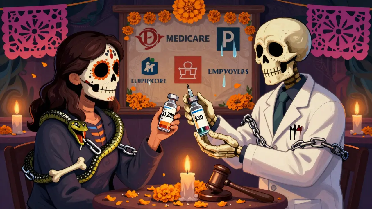 Patient offered cheap generic insulin but chained by patent lawsuits, in vibrant Day of the Dead folk-art style.