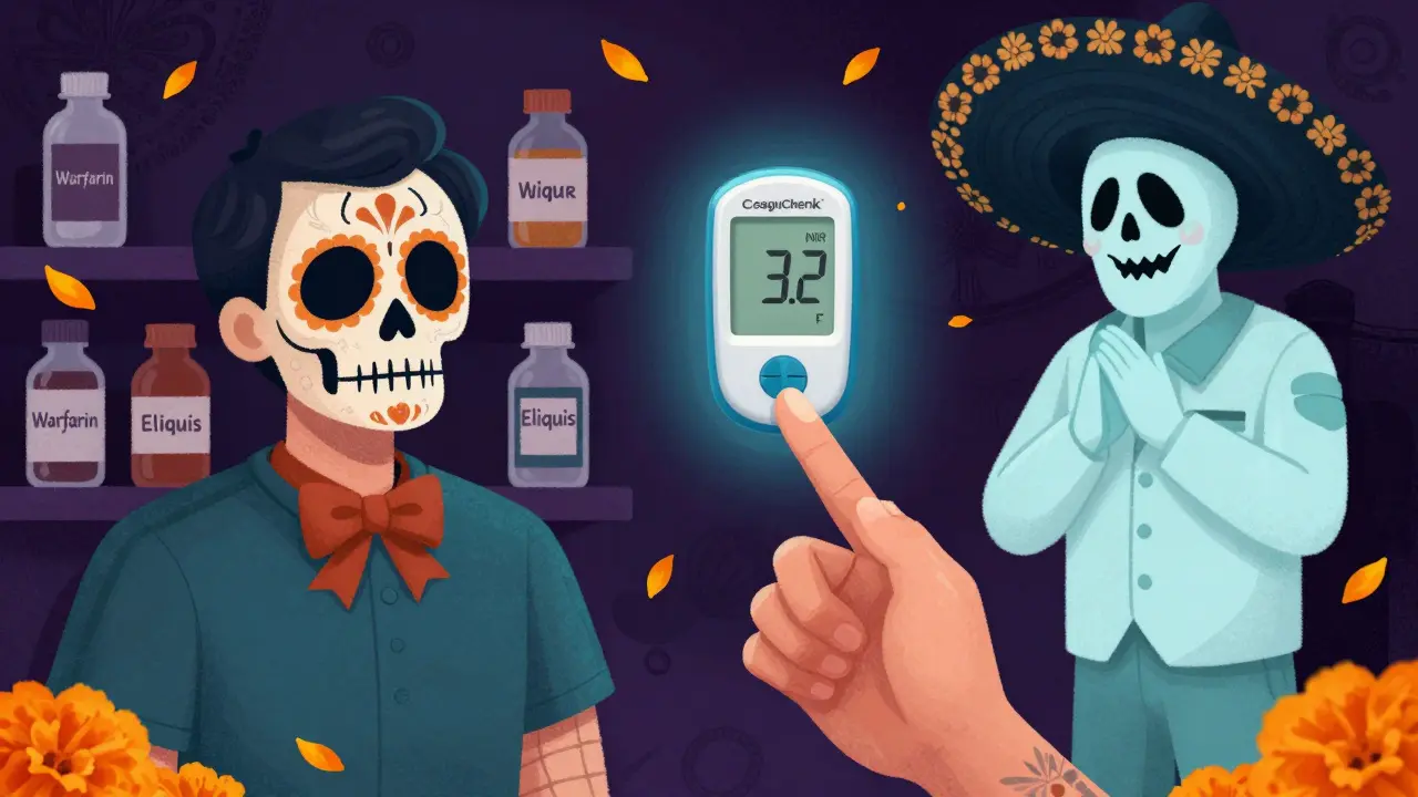 Patient using a portable INR device as skeletal figures and medicine bottles float nearby in vibrant Day of the Dead style.