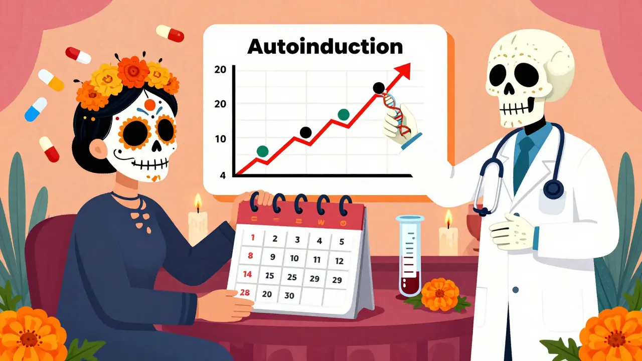 Patient watching pills shrink over weeks as a skeletal pharmacist points to a rising autoinduction graph.