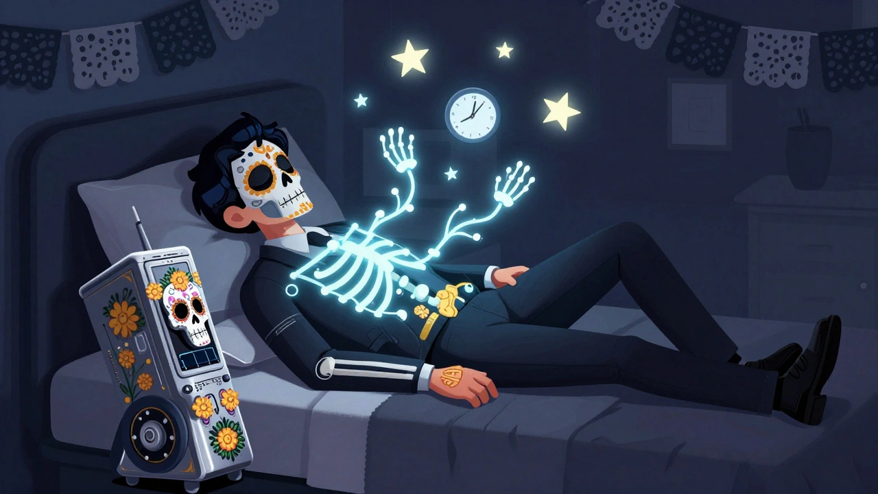 Person sleeping peacefully with a decorated APD machine glowing beside the bed, in Day of the Dead aesthetic.