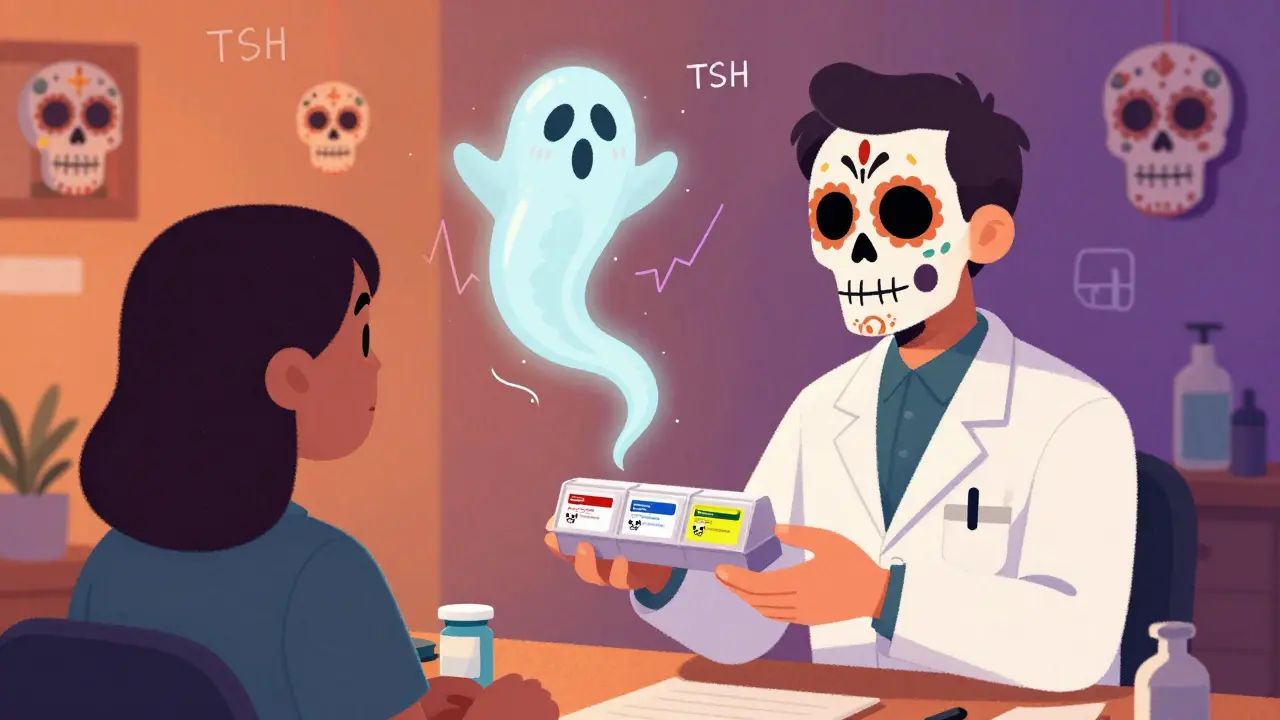 Pharmacist giving pillbox with three skull-decorated generics, ghostly TSH graph rising behind, sugar skulls in background.