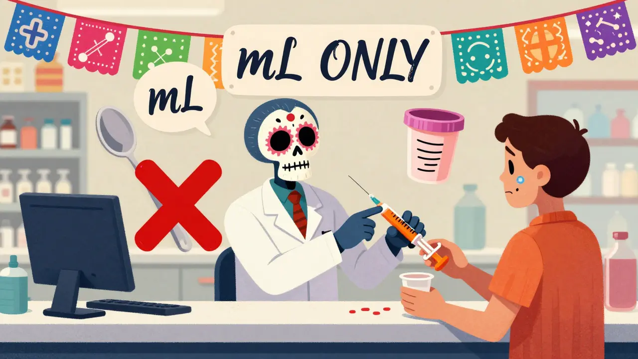 Pharmacist handing an oral syringe to a parent, while a kitchen spoon and confusing dosing cup are crossed out.