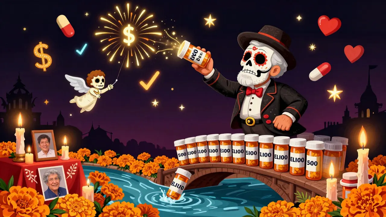 Senior celebrates switching from an expensive pill to a cheap alternative, tossing the costly drug into a river of marigolds.