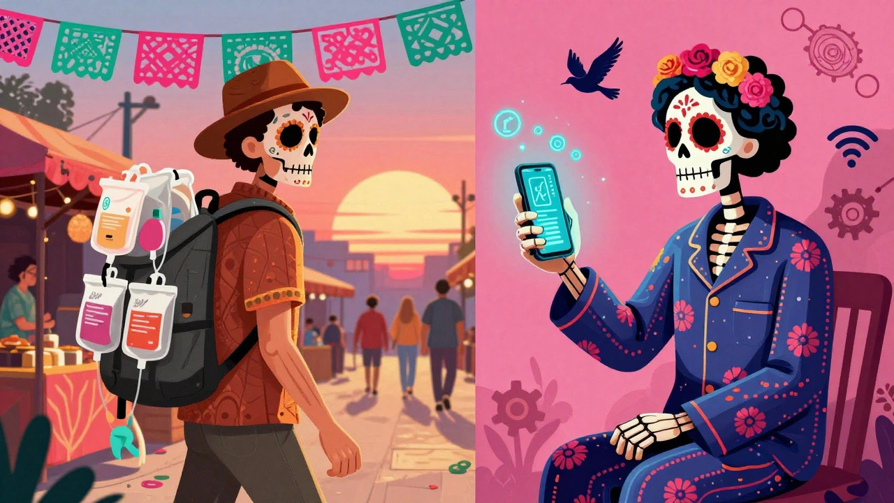 Side-by-side scenes of CAPD traveler and APD tech user, both as skeletal figures in vibrant traditional attire, Day of the Dead style.