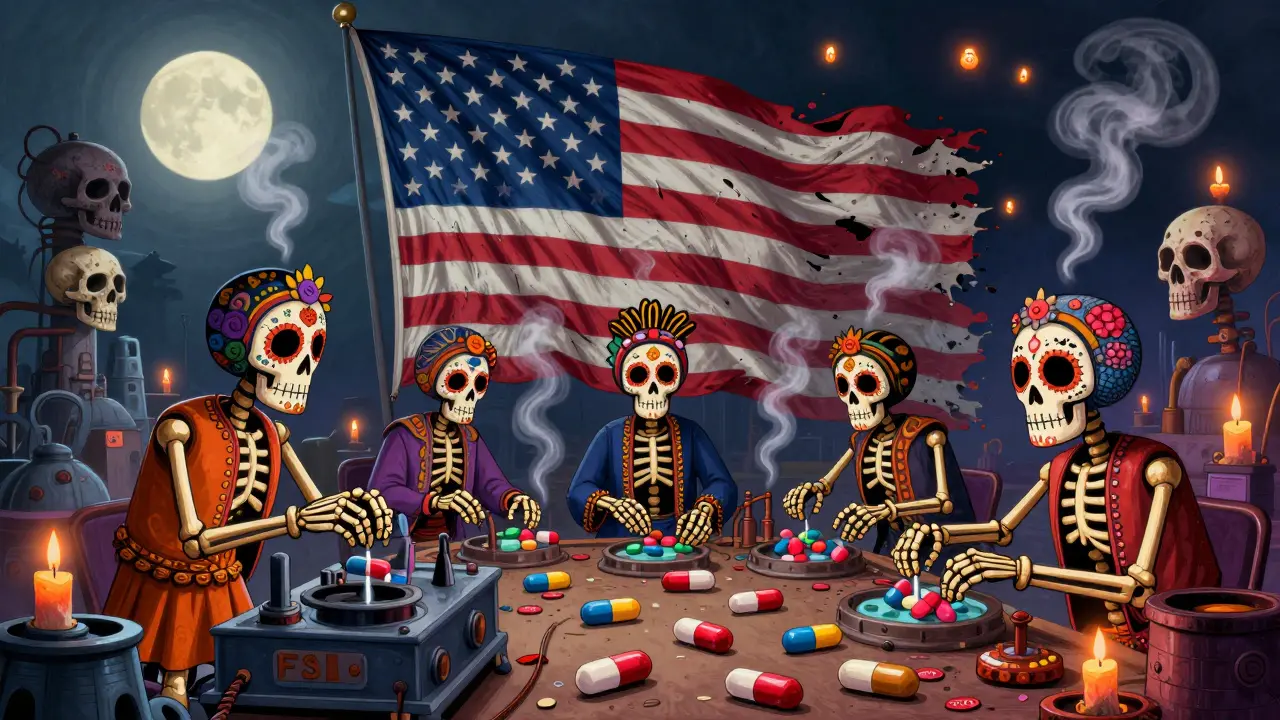 Skeletal workers in India producing low-cost pills under FDA warning smoke, with a dissolving U.S. flag.