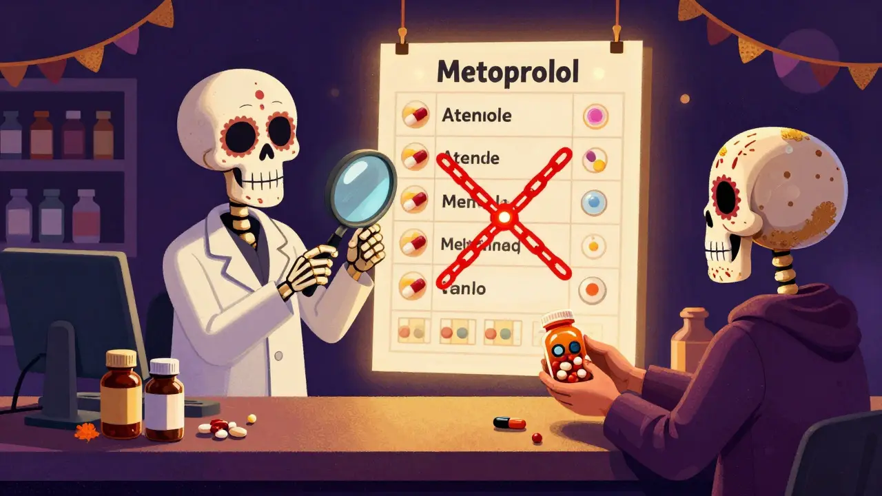Skeleton pharmacist examining a glowing medication chart with duplicate pills connected by a warning chain, patient handing over calavera-shaped pill bottles.