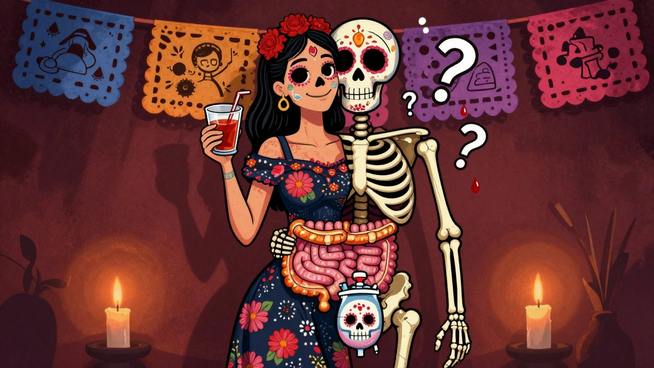 Split-body figure with healthy and inflamed intestines, portrayed in vibrant Day of the Dead aesthetic