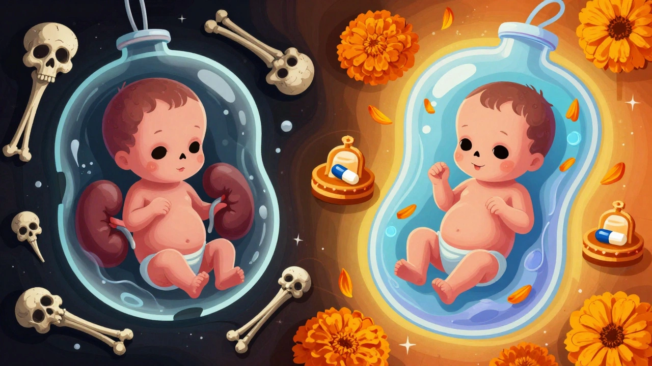 Split image: fragile sick fetus on left, healthy fetus protected by safe meds on right, surrounded by marigolds.