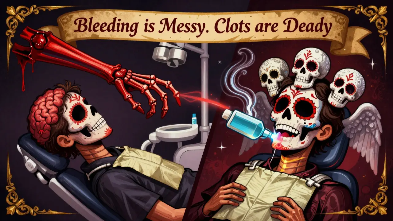 Split scene: dangerous blood clot vs. safe dental visit, protected by sugar skulls, in colorful Day of the Dead illustration.