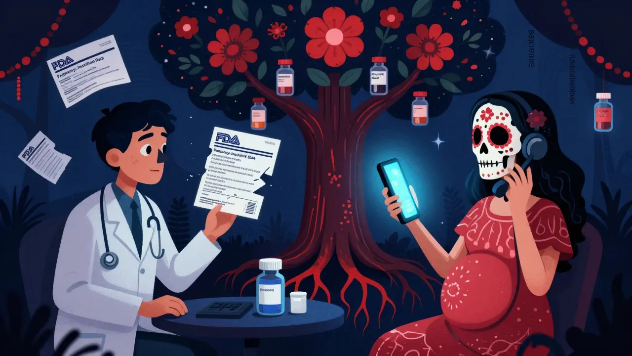 Split scene: doctor examining a pregnancy label while woman talks on a sugar-skull-shaped phone, with a bottle-rooted tree behind them.