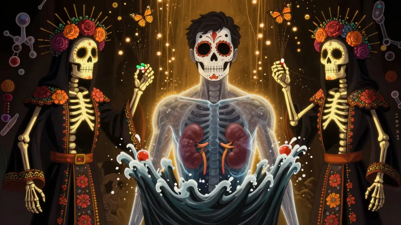 Transparent human torso with guardians in Day of the Dead style neutralizing pressure waves over kidneys.