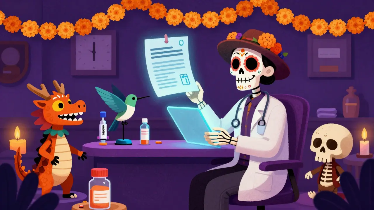 Traveler receiving a prescription from a skeleton doctor surrounded by alebrije medicine creatures in a colorful clinic.