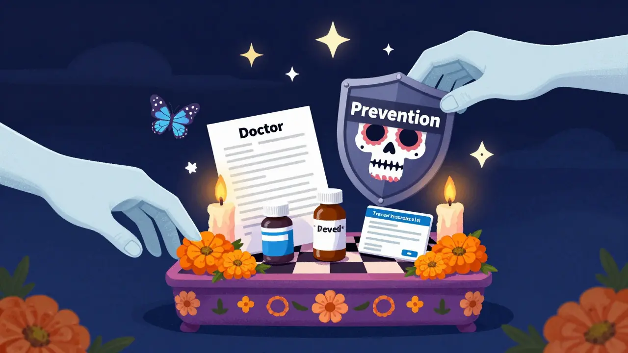 Traveler’s altar with pills, doctor’s letter, and insurance card, protected by a 'Prevention' shield amid marigolds and candles.