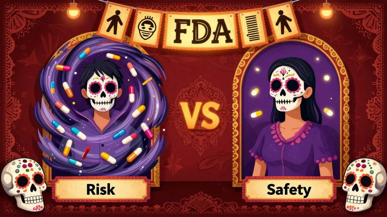 Two patients compared: one surrounded by chaotic drug interactions, another in calm with peaceful pills, in Day of the Dead altar style.