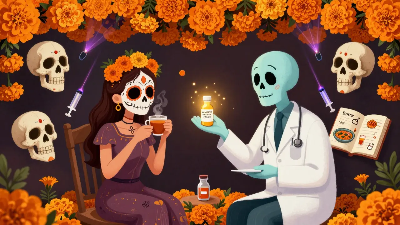 A calm patient under marigolds choosing between medical options, with skeletal figures holding Botox and laser tools as ceremonial objects.