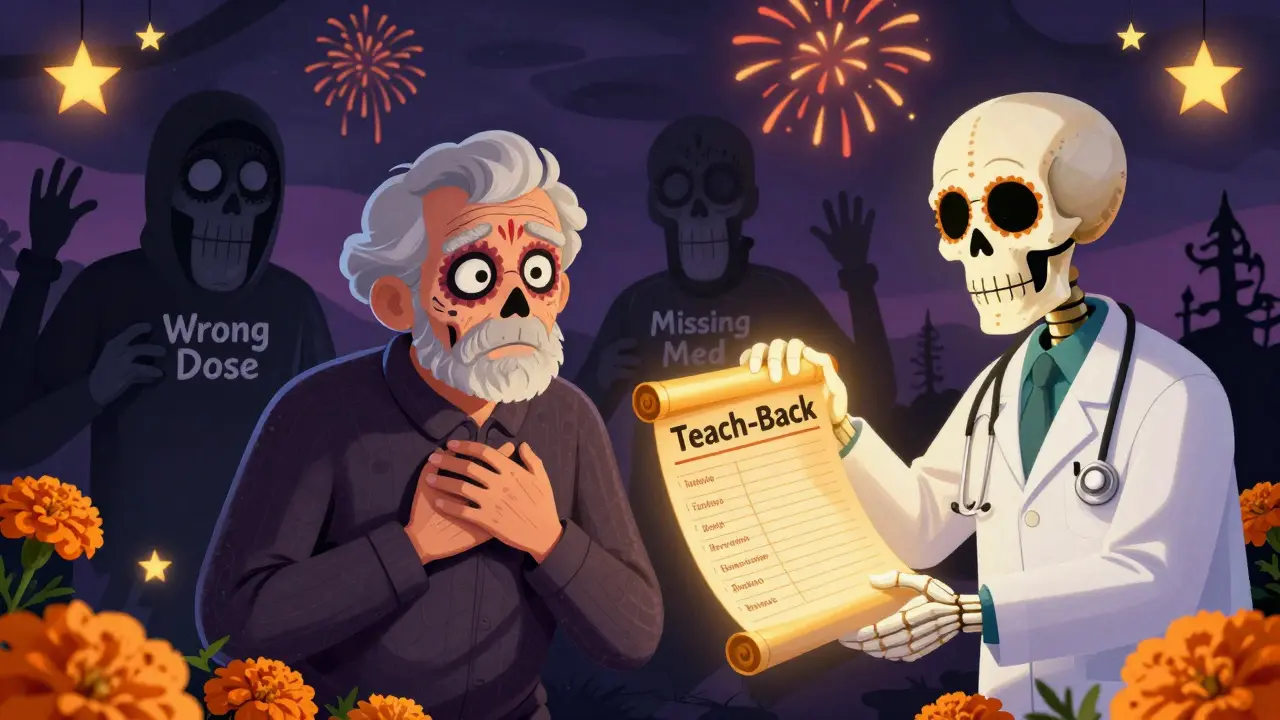 A confused senior surrounded by dangerous pill monsters, rescued by glowing skeleton healthcare workers holding a medication list and scroll.
