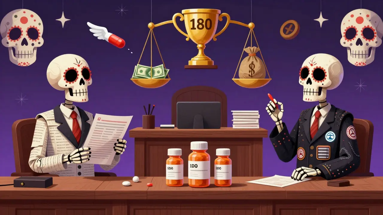 A courtroom scene with pill bottle judge bench, patent lawyer and FDA lawyer facing off, while a flying pill heads toward an 180-day trophy.