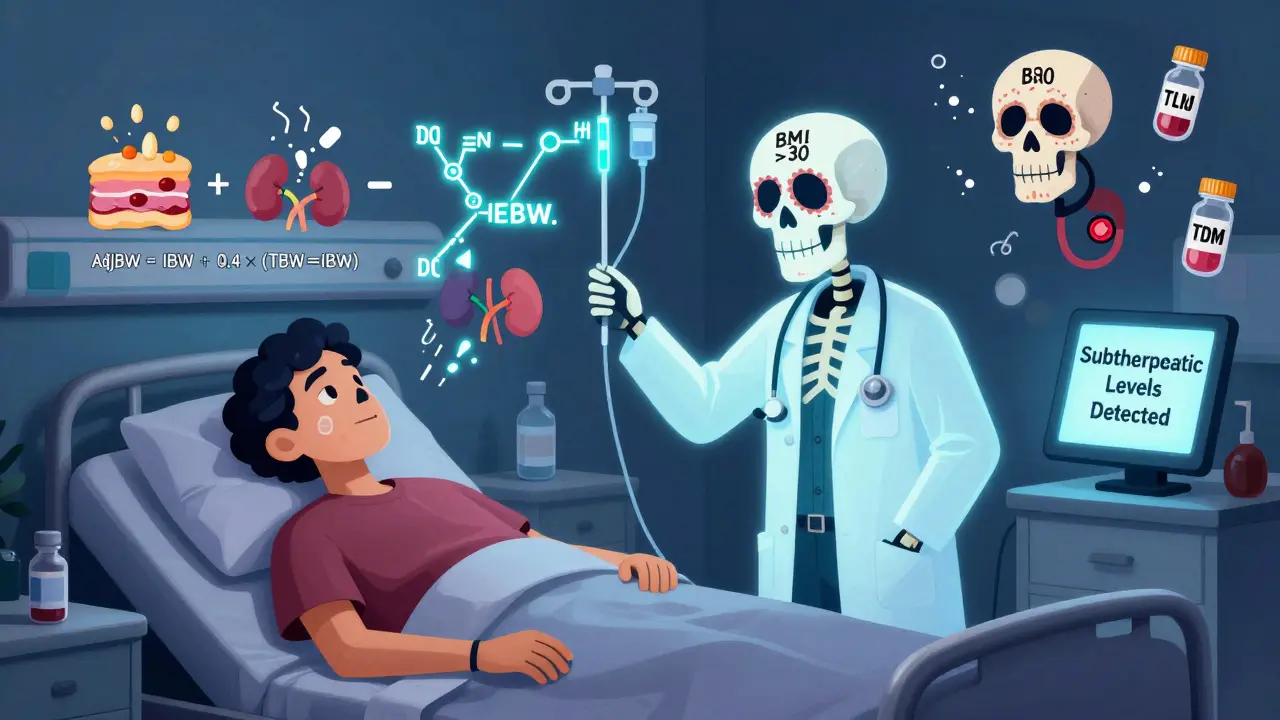 A doctor adjusts an IV using a glowing formula as fat and water-soluble drugs behave differently, with TDM vials floating nearby.