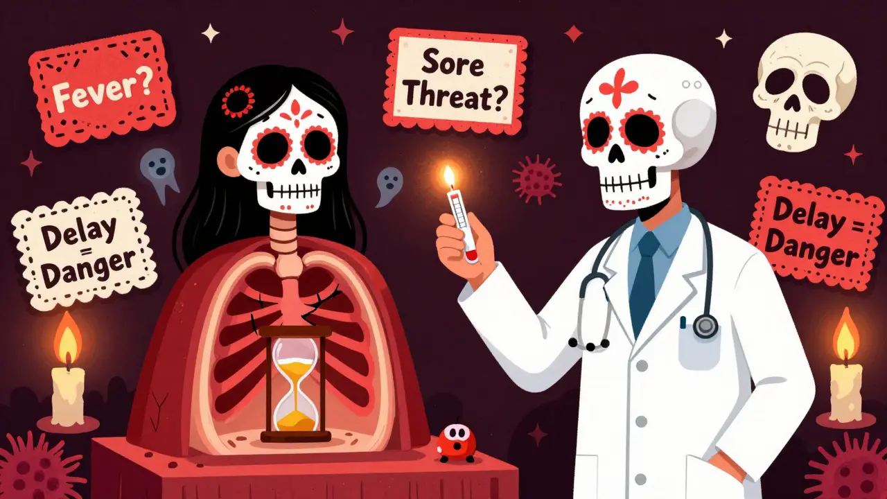 A doctor examines a bone marrow biopsy slide as the patient's chest reveals a barren marrow cavity, with warning skulls floating nearby in Day of the Dead style.