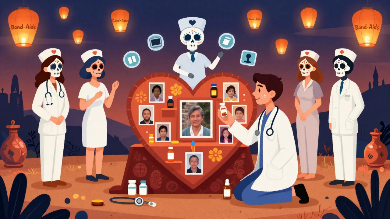 A doctor kneels before an altar of patient photos and medicine vials in a rural clinic, surrounded by spectral nurses and lanterns labeled 'Band-Aids'.