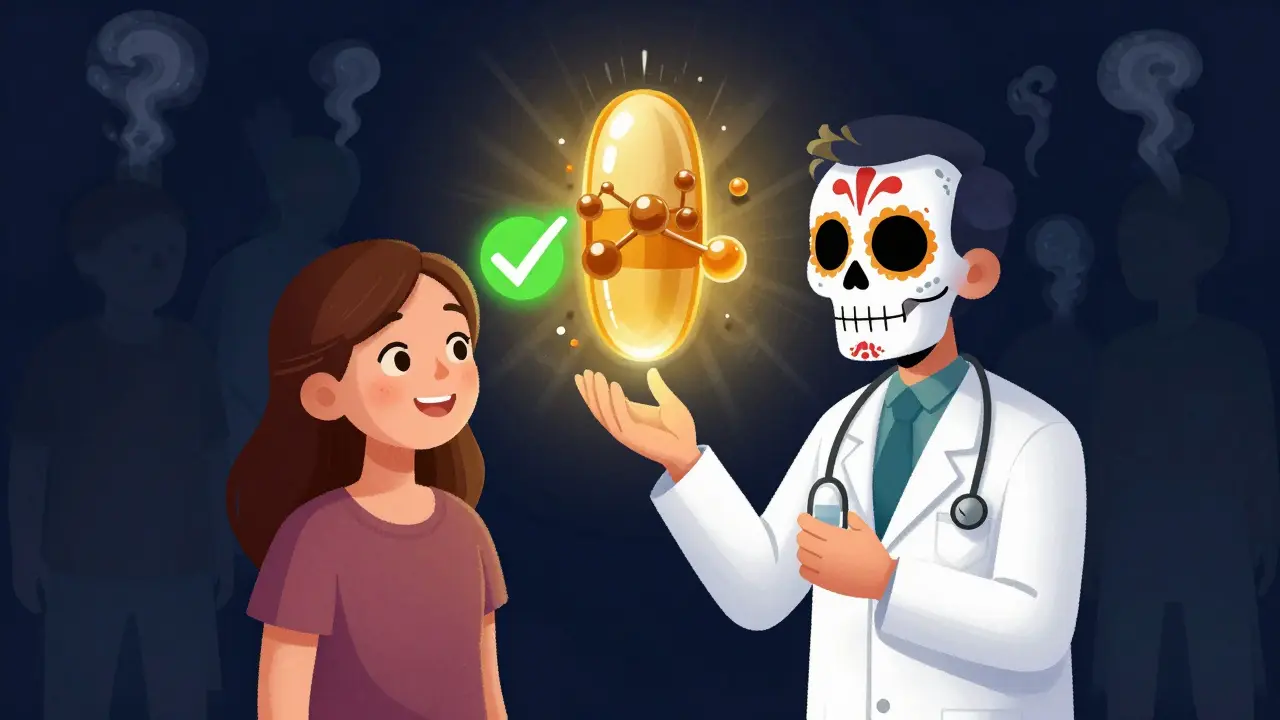 A doctor performing a skin test as glowing green checkmarks replace outdated antibiotics in a colorful Day of the Dead scene.