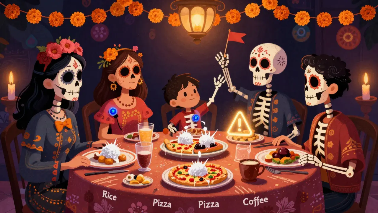 A family at dinner with a child's glucose trend shown as a dancing skeleton, food items transformed into sugar spikes and drops.