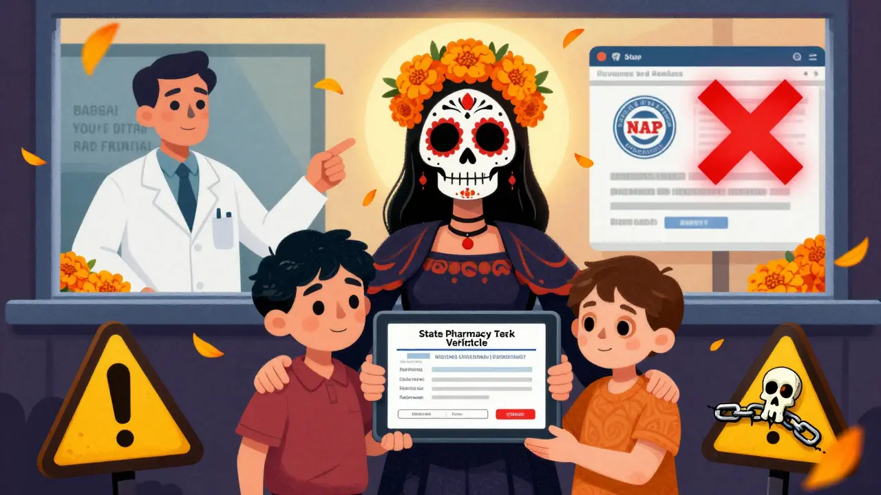 A family checks a pharmacy license online while warning symbols fade away, guided by a real pharmacist surrounded by marigolds.