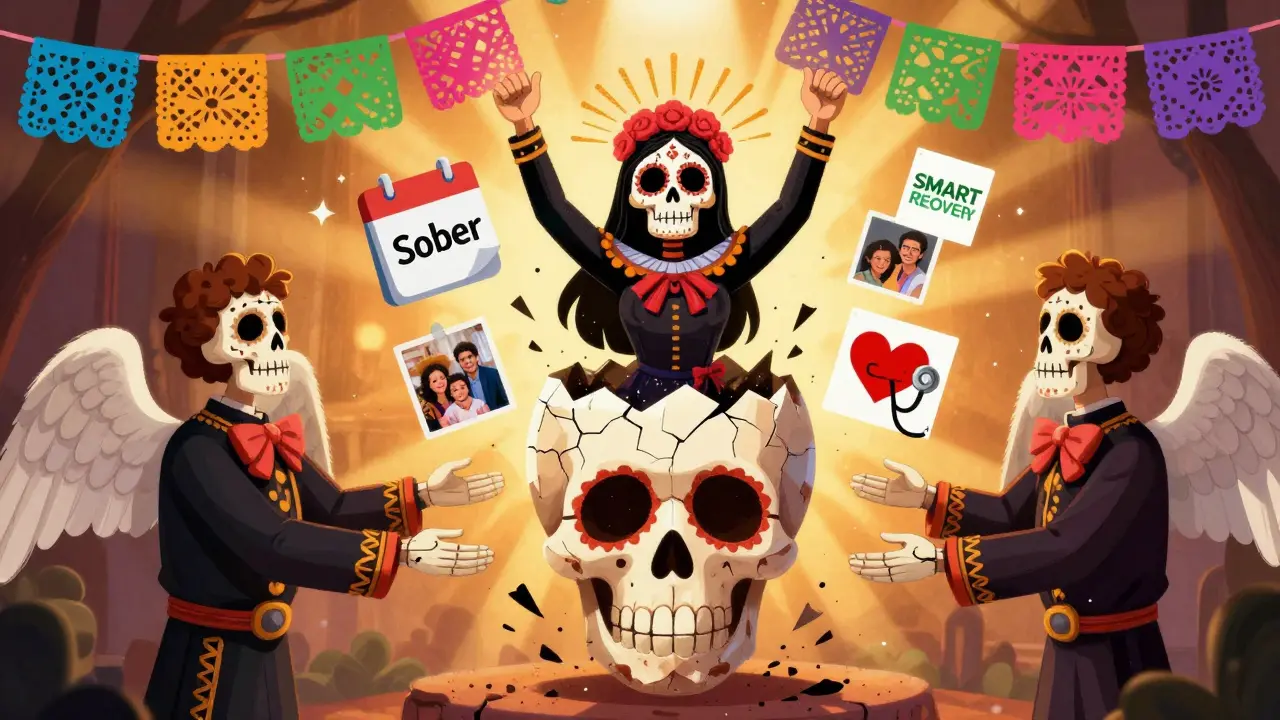 A figure emerging from a skull cocoon, supported by skeletal angels, surrounded by recovery symbols in vibrant Day of the Dead style.