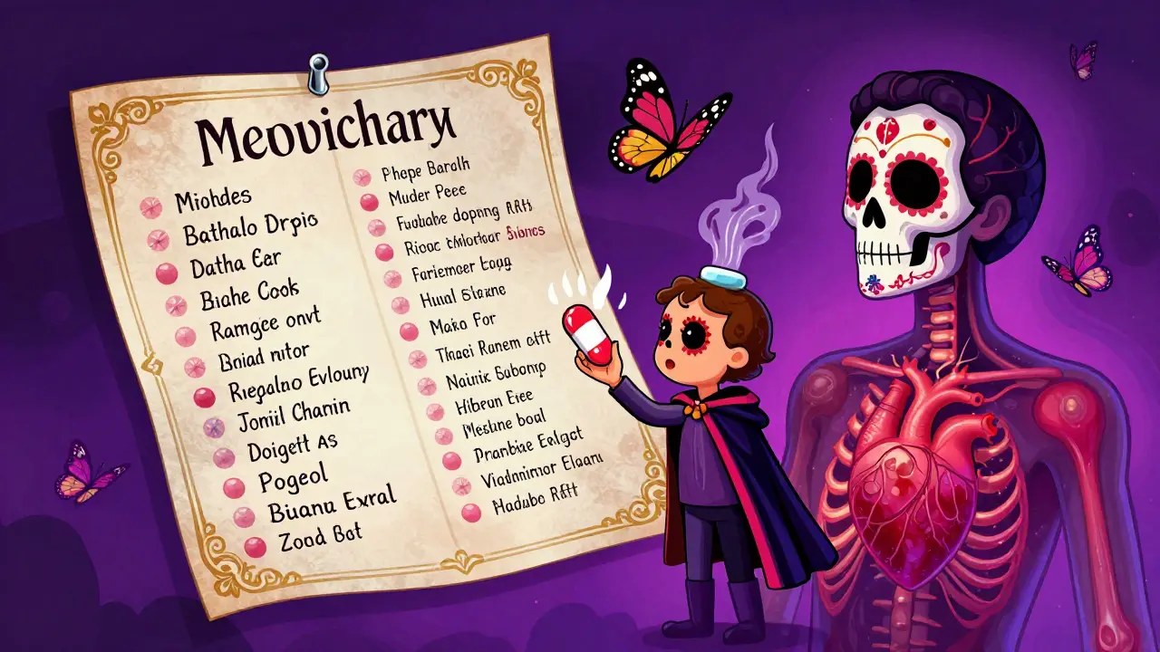 A floating medical chart with flushed faces and sugar skull symbols, showing treatments like aspirin and antihistamines as protective charms.