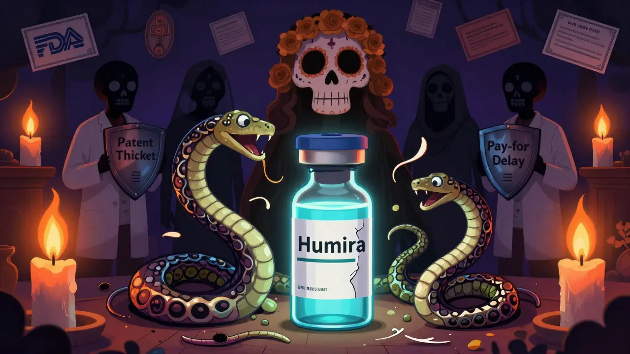 A glowing biologic vial is surrounded by skeletal serpents, while a cracked biosimilar vial struggles to approach amid patent shields.