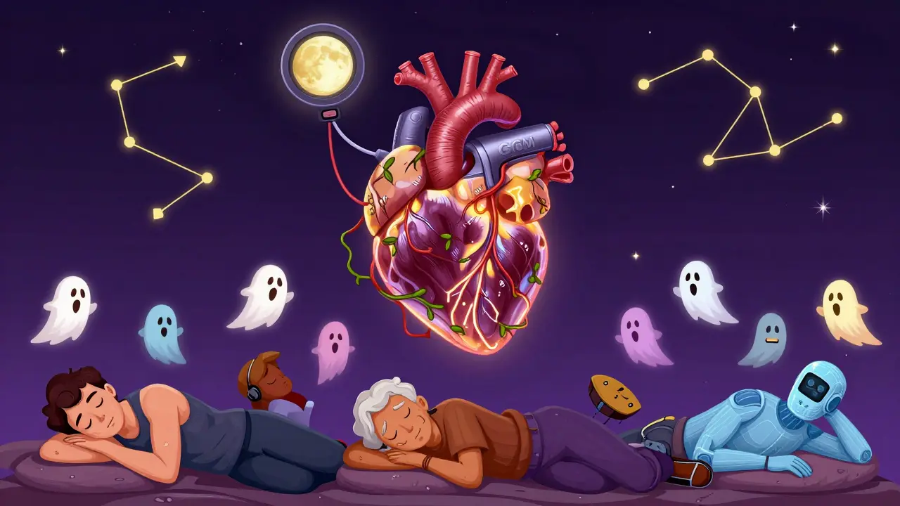 A glowing skeletal heart implant connects to a moon receiver, with sugar ghosts floating above peaceful people under a starry sky.