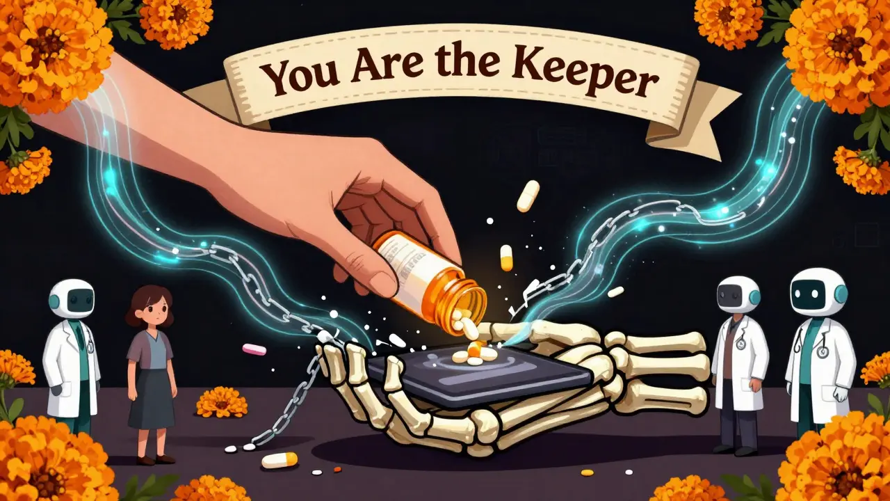 A hand places a pill into a skeletal hand as digital chains break, with flowers turning into data streams.