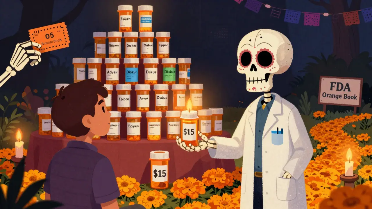 A patient faces an altar of expensive drugs, with a small generic bottle offered by a pharmacist under marigold paths leading to the FDA Orange Book.