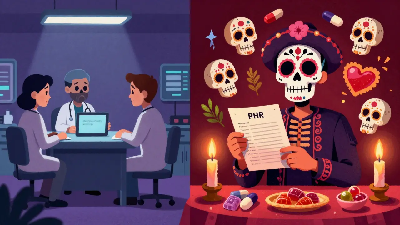 A patient in an ER presents a printed health record on colorful paper while doctors stare at a blank screen.