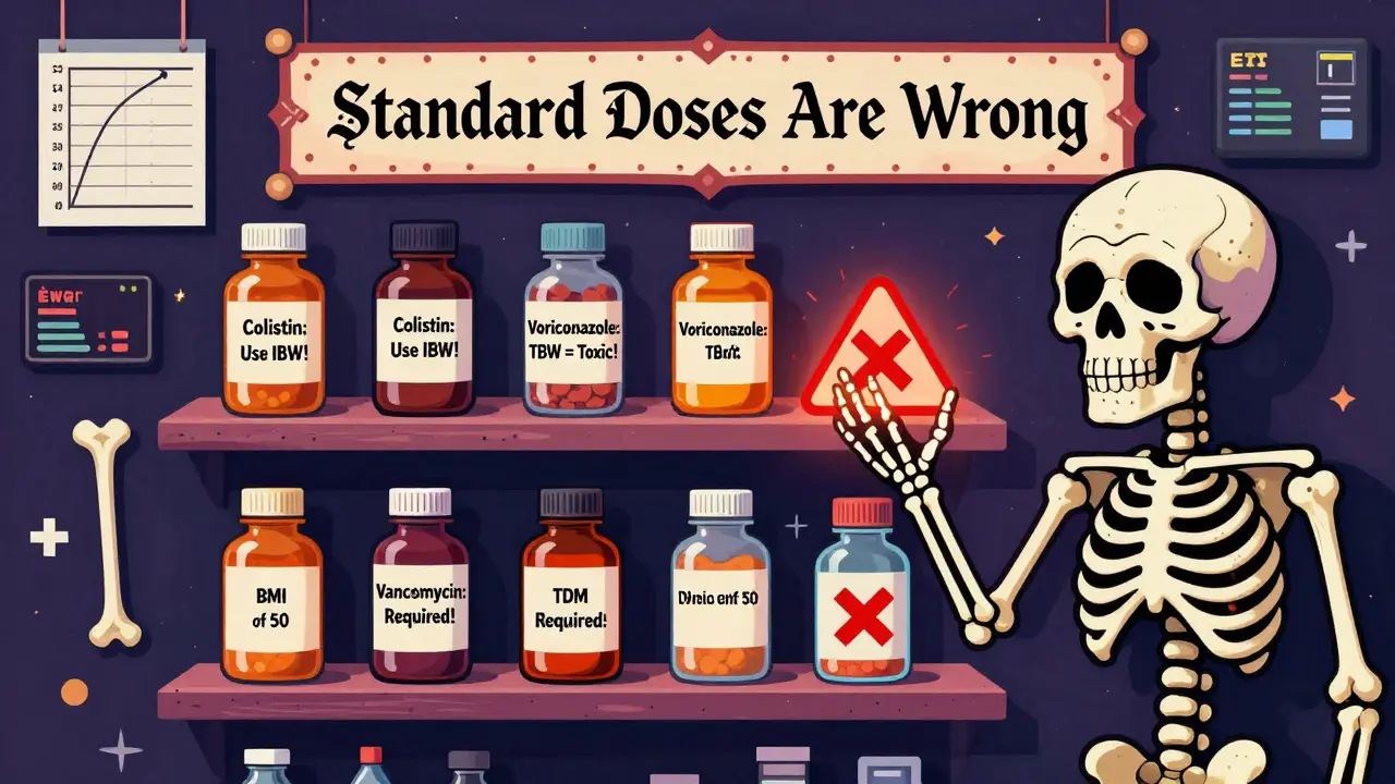 A pharmacy shelf with skull-labeled drugs warns against wrong dosing, as a skeletal patient reaches for a dangerous bottle.