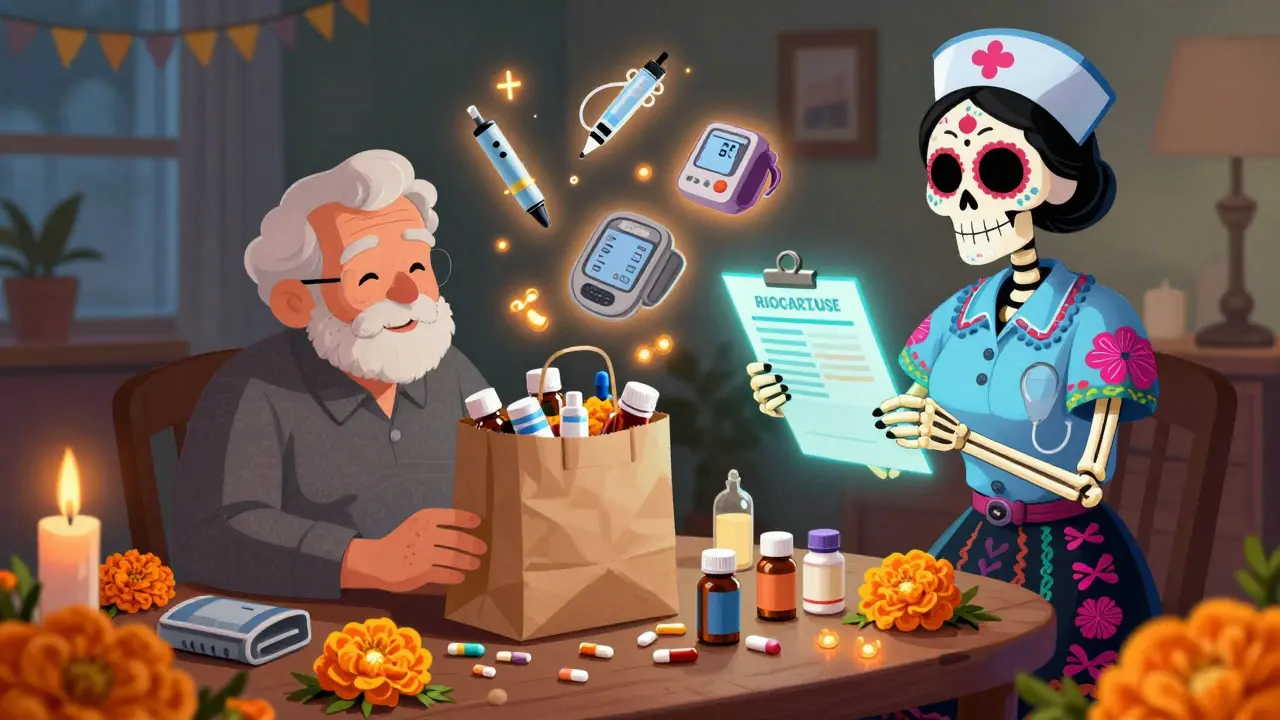 A senior laying out medications on a table as a skeleton nurse checks them against a glowing discharge list, with marigolds and candles nearby.
