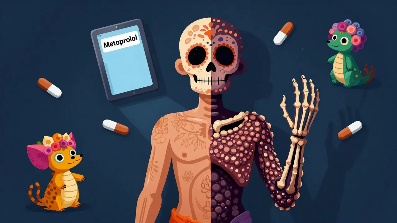A split-body figure with healthy skin on one side and psoriasis plaques as skeletal hands on the other, under a shadowed pill.